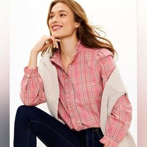LOFT Women's Plaid Ruffle Long Sleeve Button Down Shirt Pink